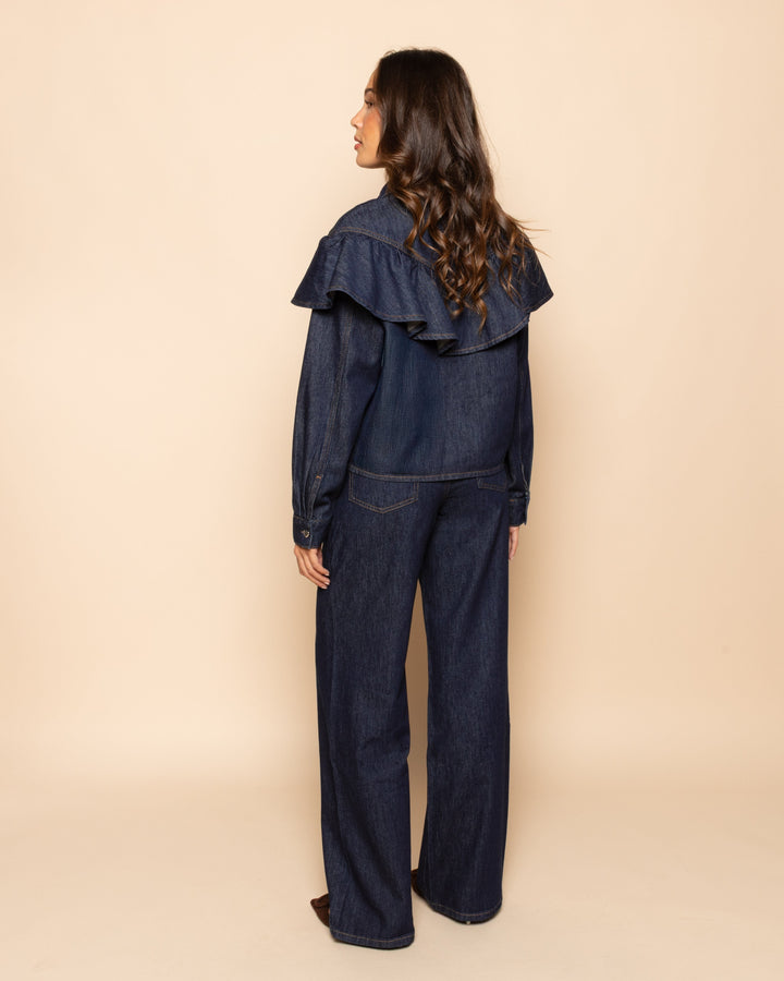 BLOUSE EN DENIM RUFFLE BLEU FONCÉ