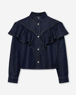 BLOUSE EN DENIM RUFFLE BLEU FONCÉ