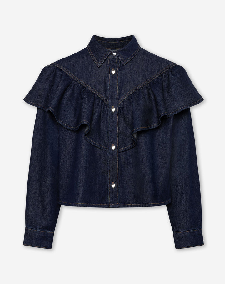 BLOUSE EN DENIM RUFFLE BLEU FONCÉ