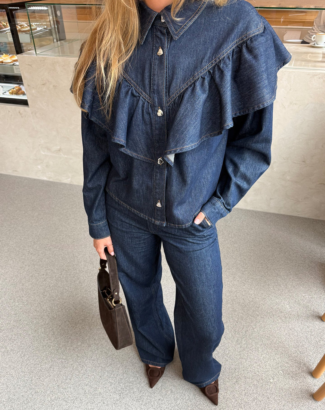 BLOUSE EN DENIM RUFFLE BLEU FONCÉ