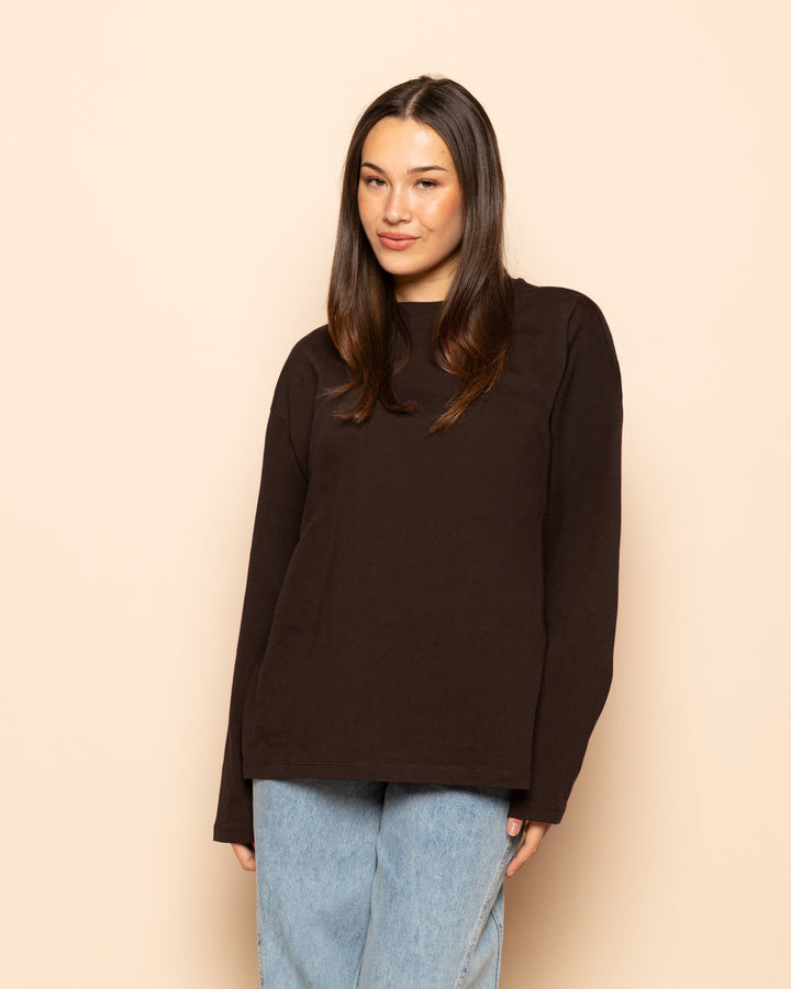 T-SHIRT OVERSIZE À MANCHES LONGUES BASIQUE MARRON FONCÉ