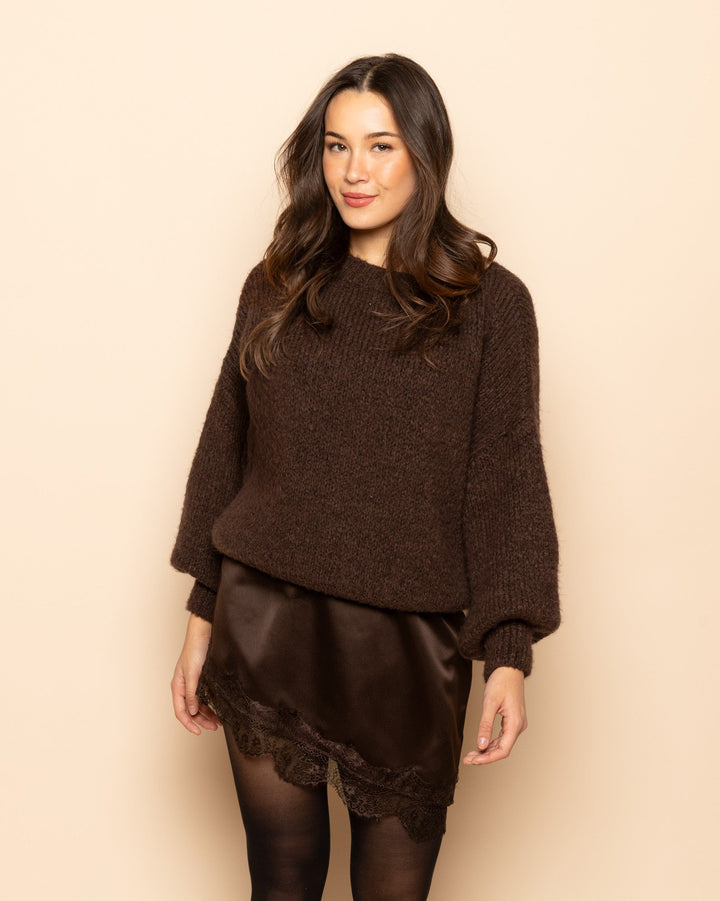 JUPE EN SATIN ASYMÉTRIQUE BRUN