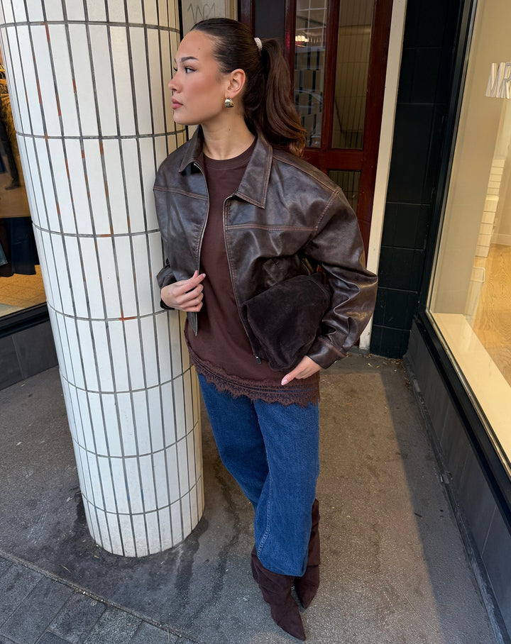 T-SHIRT OVERSIZE EN DENTELLE BRUN