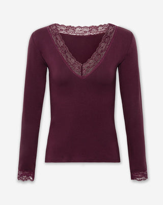 HAUT À COL EN V EN LACE MANCHES LONGUES BORDEAUX FONCÉ