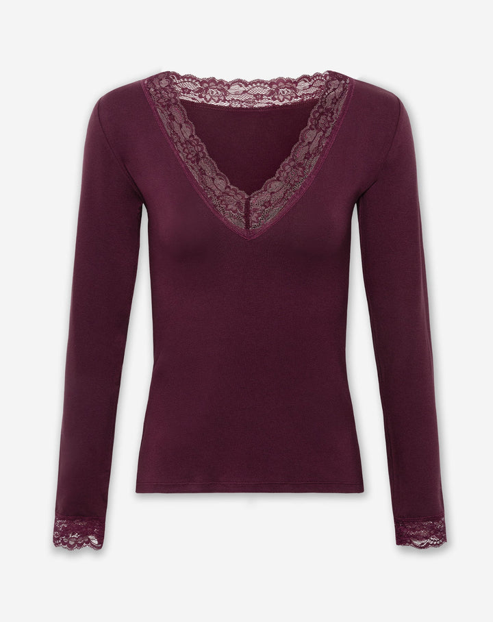 HAUT À COL EN V EN LACE MANCHES LONGUES BORDEAUX FONCÉ