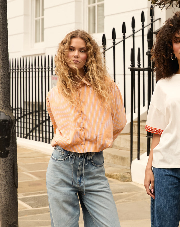 BLOUSE À HEM BULLE RAYÉE ORANGE