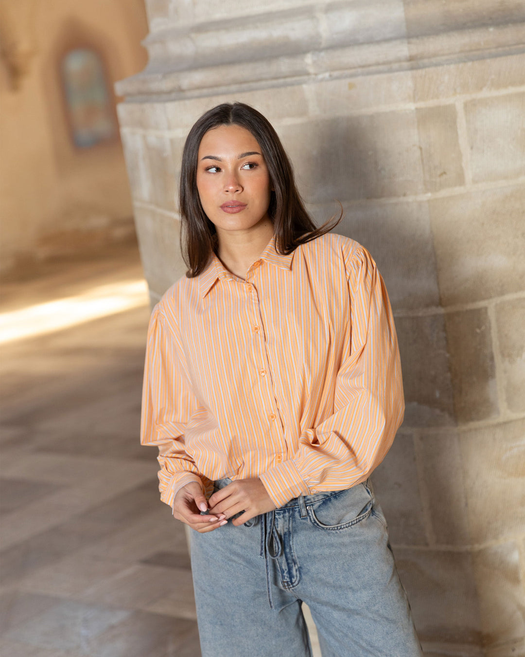 BLOUSE À HEM BULLE RAYÉE ORANGE