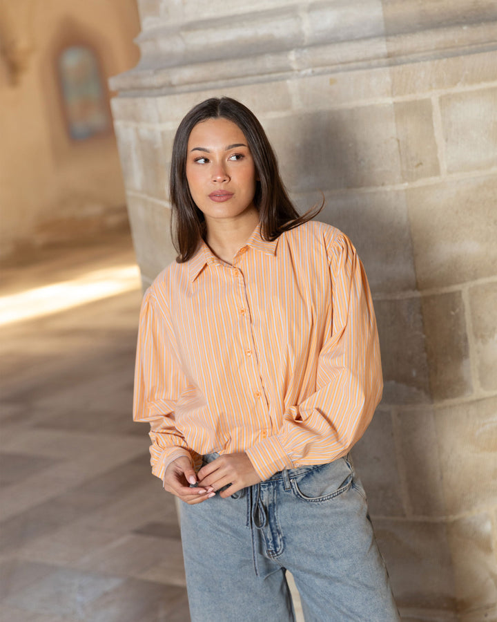 BLOUSE À HEM BULLE RAYÉE ORANGE