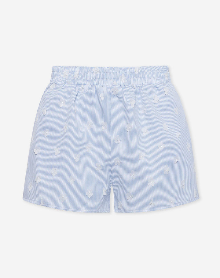 SHORTS À RAYURES EMBELLIS PAR DES FLEURS BLEUS