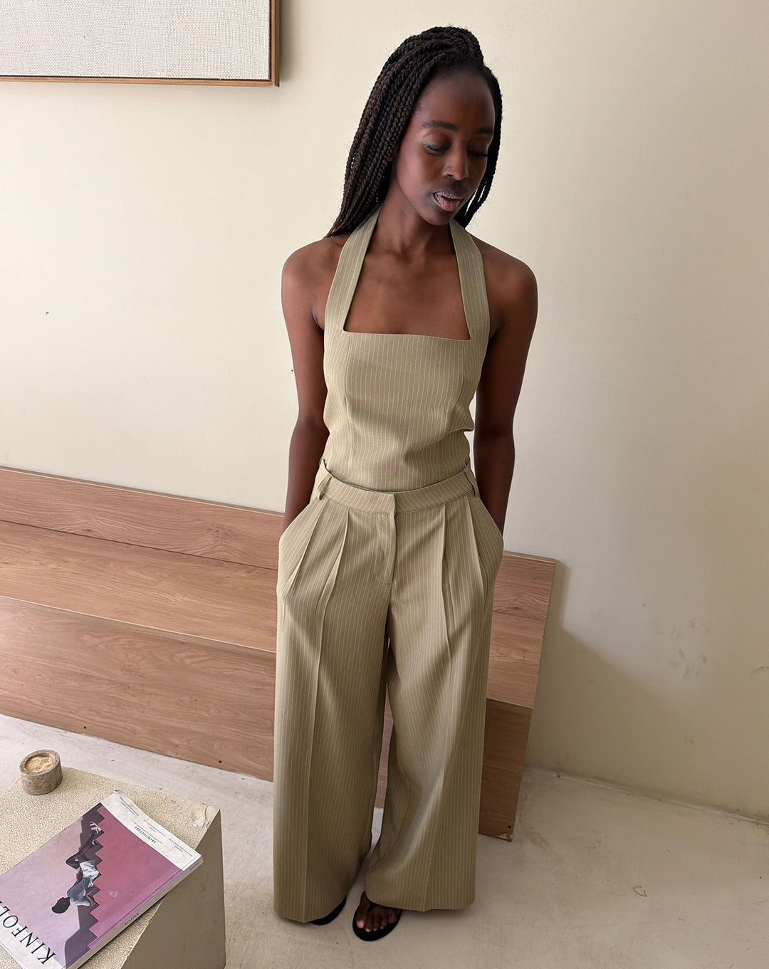 TOP HALTER SELLER PIN STRIPE OLIVE