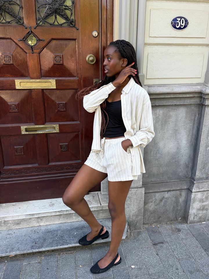 BLOUSE OVERSIZE EN LIN BEIGE À RAYURES