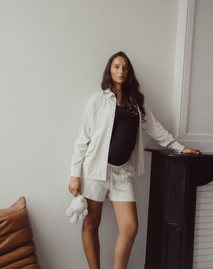 BLOUSE OVERSIZE EN LIN BEIGE À RAYURES