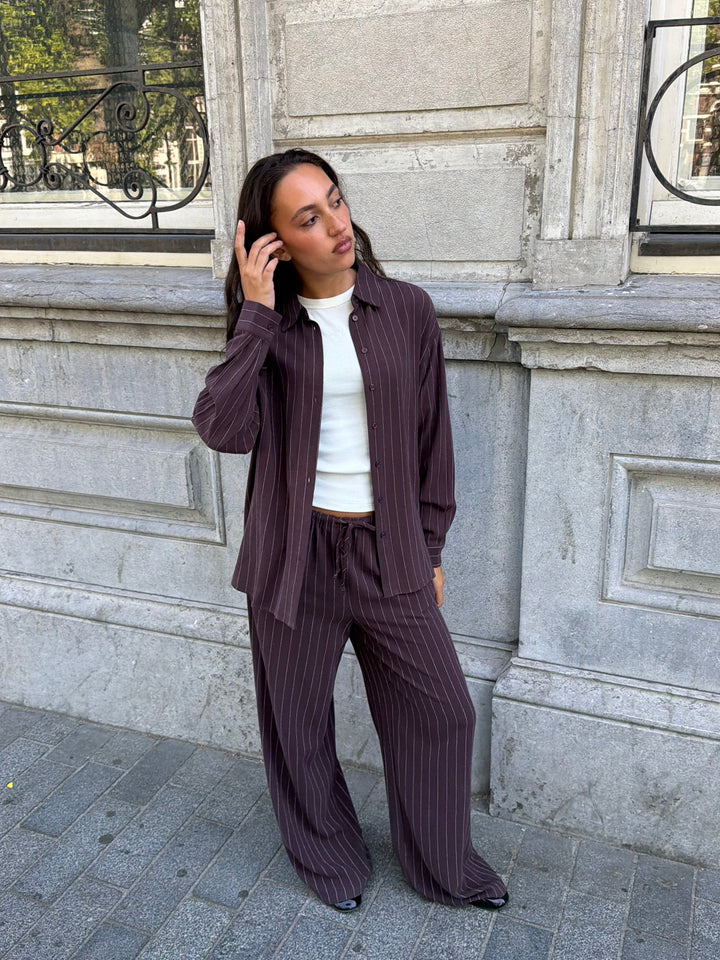BLOUSE OVERSIZE EN LIN À RAYURES BRUN