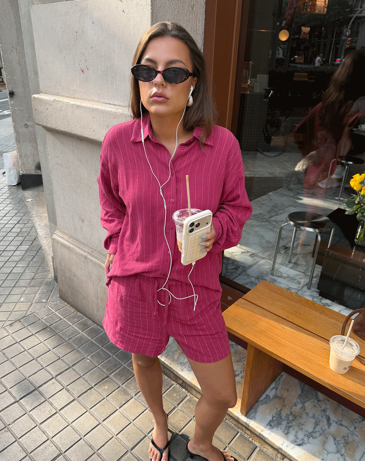 BLOUSE OVERSIZE EN LIN RHODE RAYURES CERISE