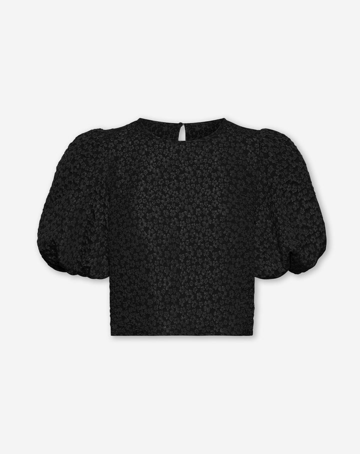 TOP NOIR À MANCHES BALLON EN JACQUARD FLEURI BETTY