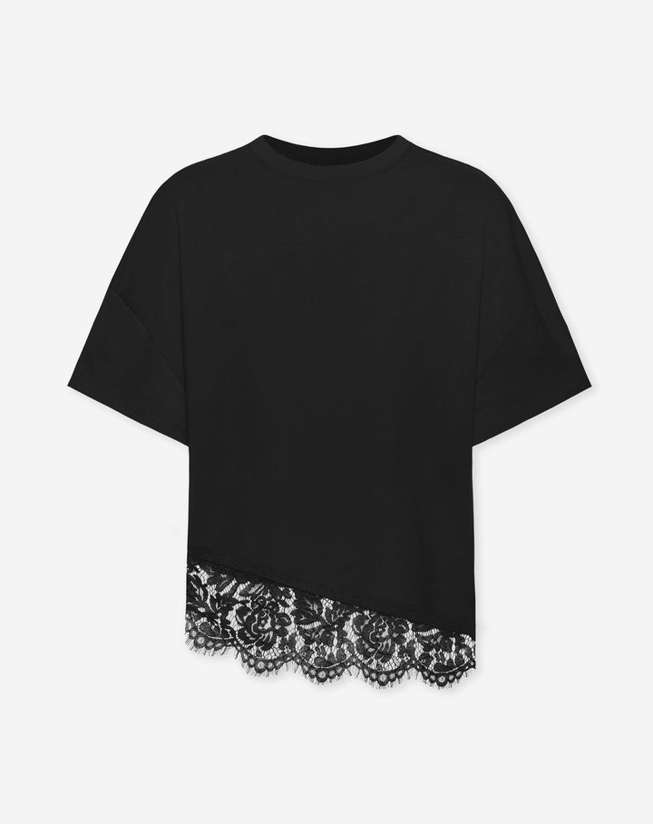 T-SHIRT À HEM ASYMÉTRIQUE EN DENTELLE NOIR