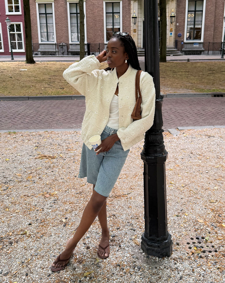 VESTE BOMBER EN BOUCLÉ À PAILLETTES CRÈME