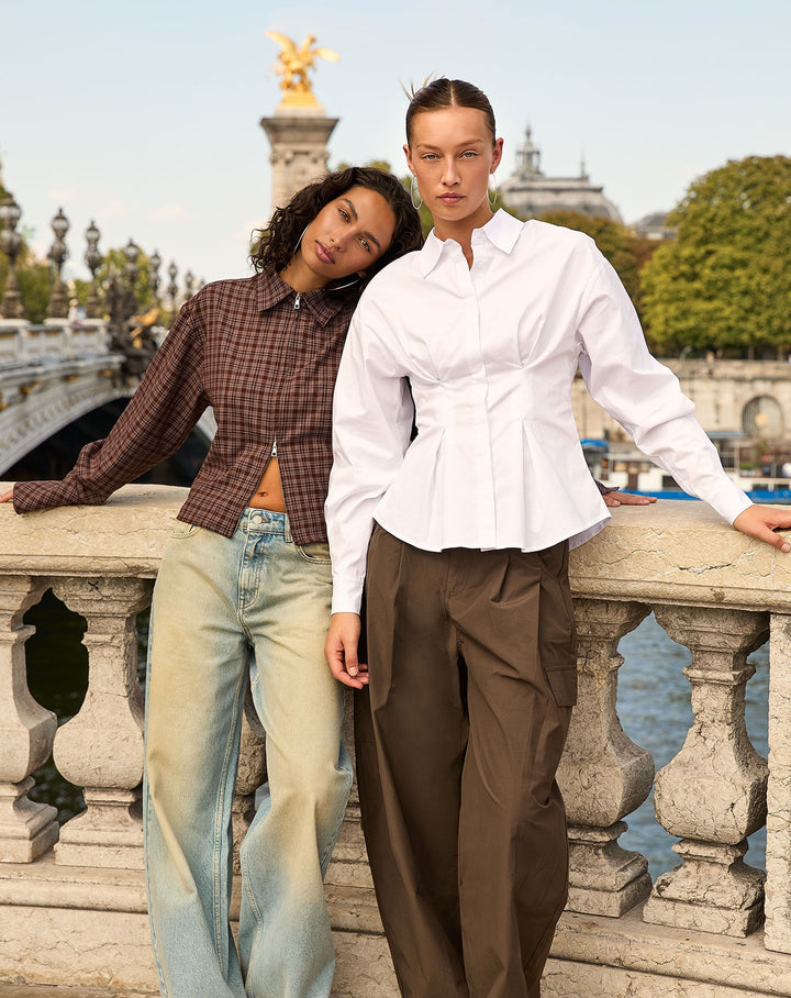 BLOUSE À TAILLE PLISSÉE EN POPLINE BLANCHE