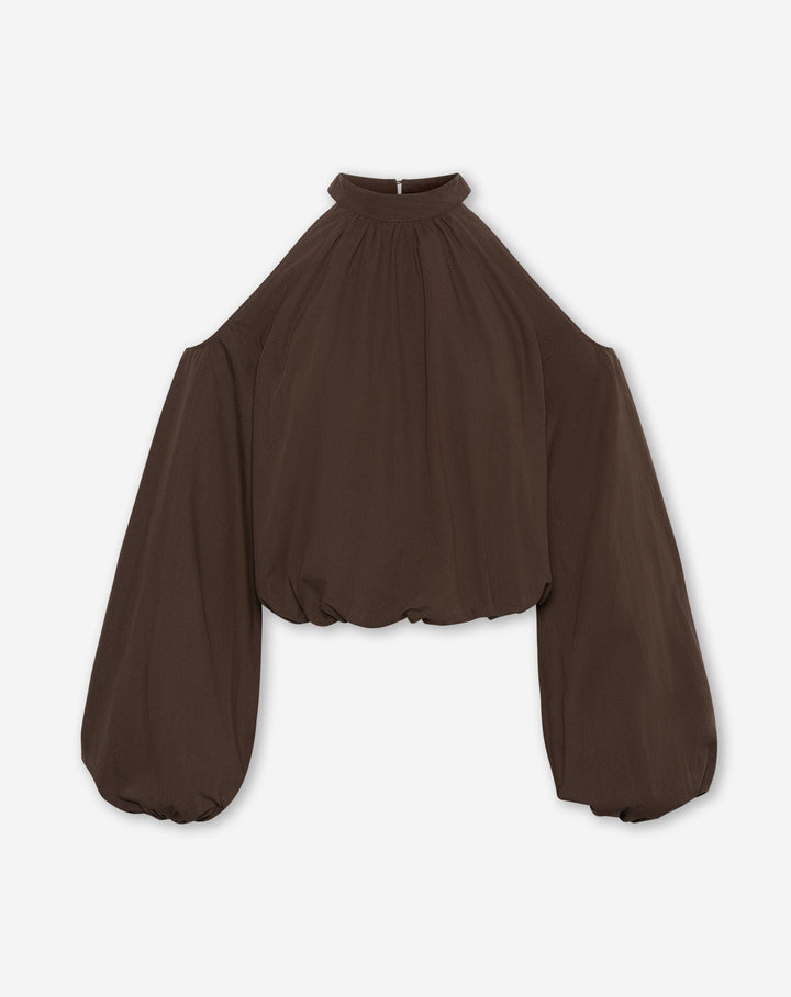 BLOUSE À ÉPAULES DÉCOUPEES EN POPLINE BRUN