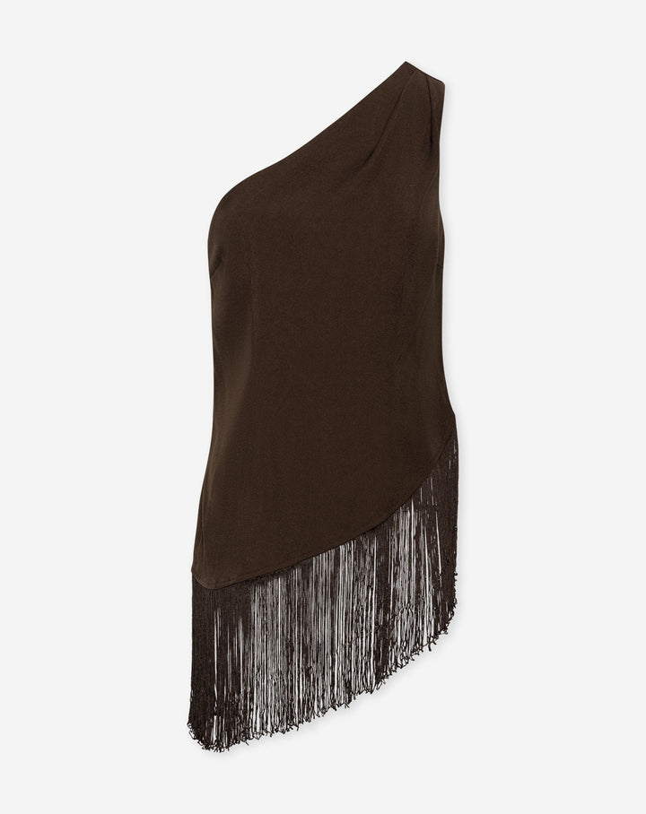 TOP À ÉPAULE UNIQUE FRANGE BRUN