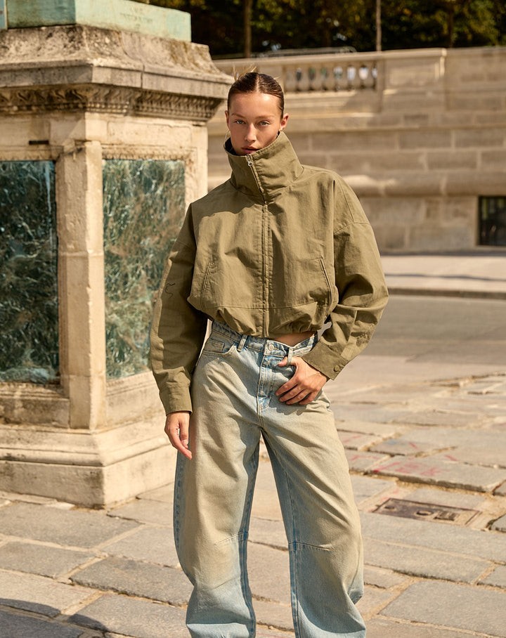 IMARA VESTE À COL FUNNEL VERT OLIVE CLAIR