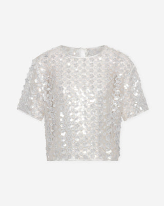 TOP À FLEURS EN SEQUINS ROWY BOXY BLANC