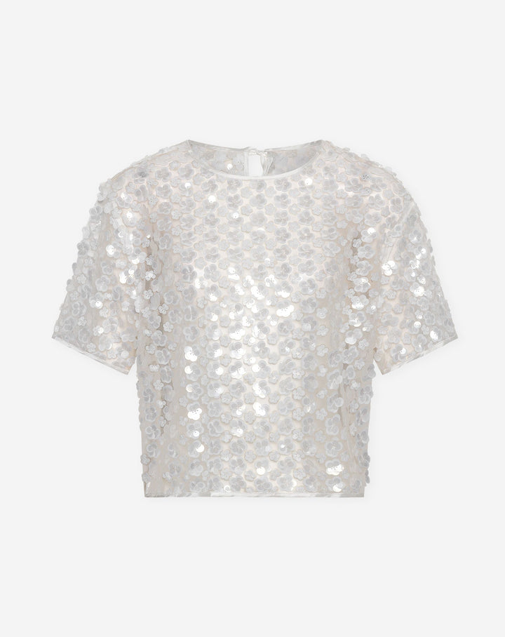 TOP À FLEURS EN SEQUINS ROWY BOXY BLANC