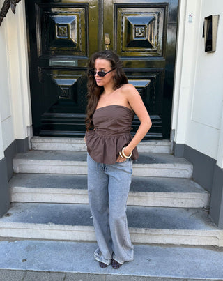 TOP PEPLUM SANS MANCHES PEGGY POPLIN MARRON