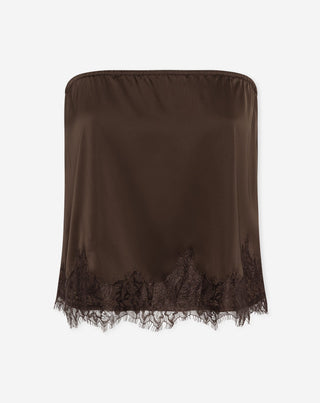 TOP SANS BRETELLES EN SATIN AVEC DENTELLE BRUN