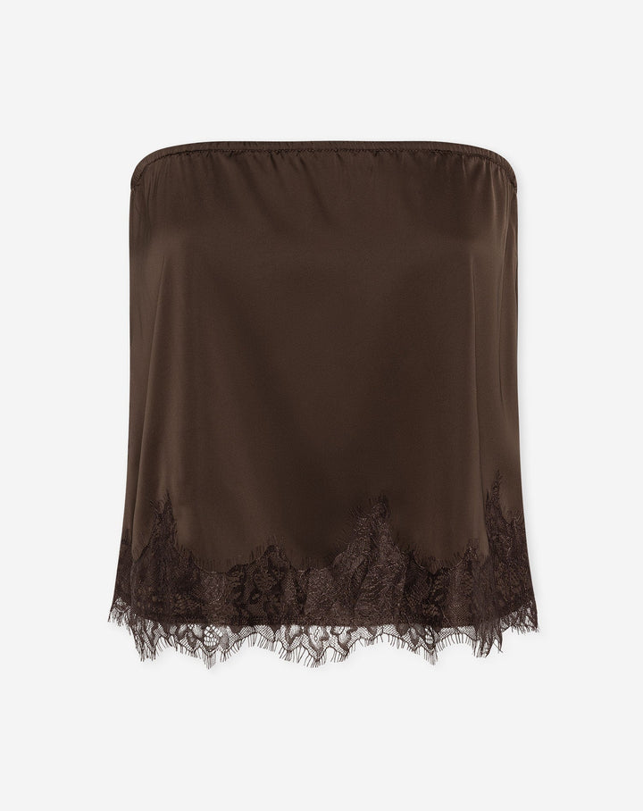 TOP SANS BRETELLES EN SATIN AVEC DENTELLE BRUN