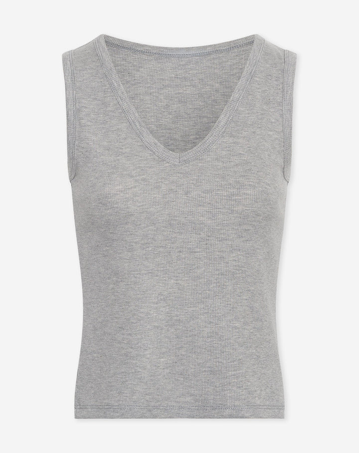 TOP SANS MANCHES EN V RAYÉ GRIS MÉLANGE