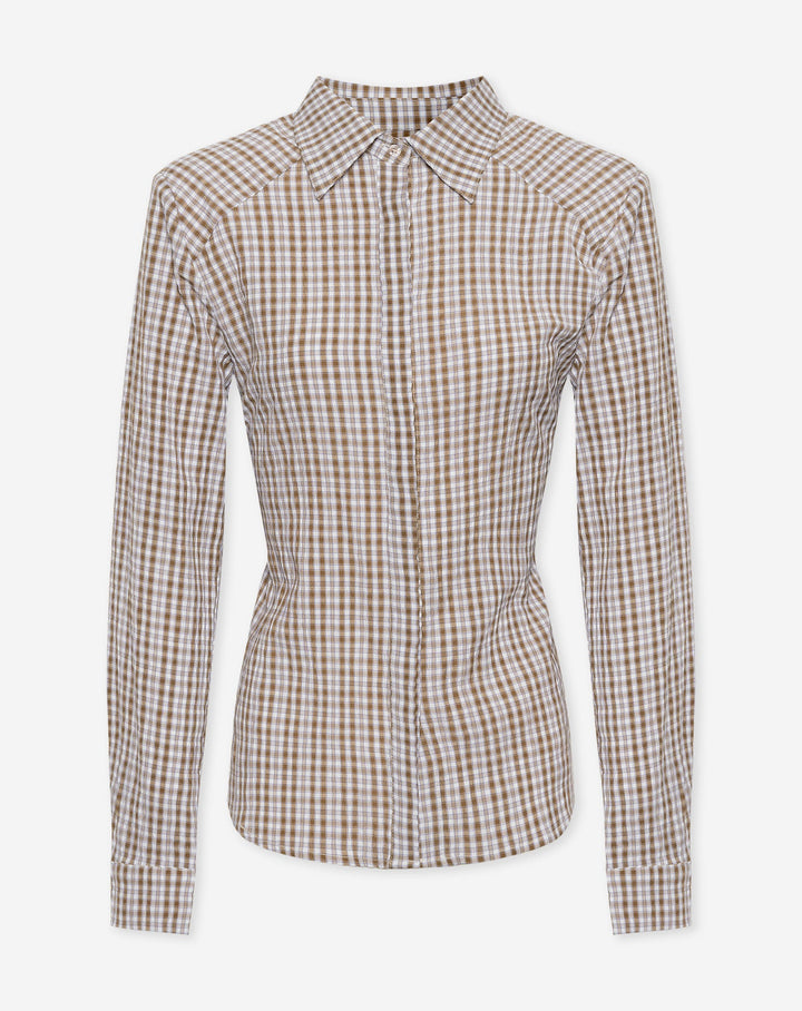BLOUSE À ÉPAULETTES À CARREAUX BRUN