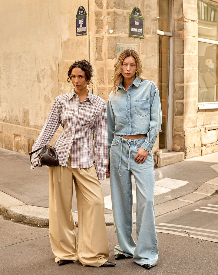BLOUSE À ÉPAULETTES À CARREAUX BRUN