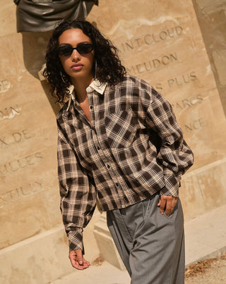 Blouse à carreaux col contrasté Ryan – brun