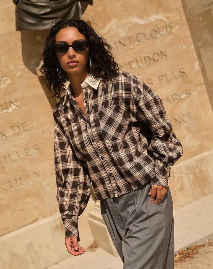 Blouse à carreaux col contrasté Ryan – brun
