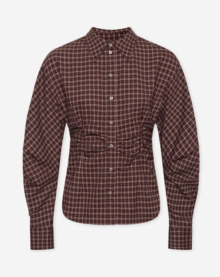 BLOUSE À TAILLE RASSEMBLÉE À CARREAUX BORDEAUX