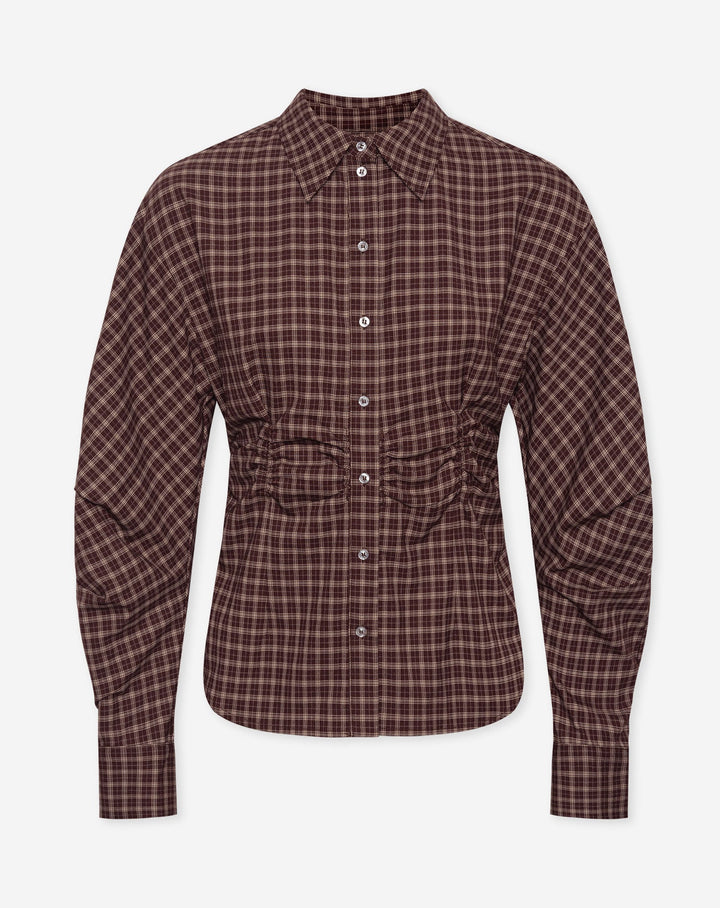 BLOUSE À TAILLE RASSEMBLÉE À CARREAUX BORDEAUX