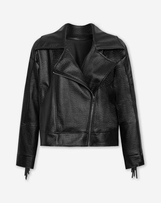 VESTE EN FRANGE EN SIMILI CUIR NOIRE