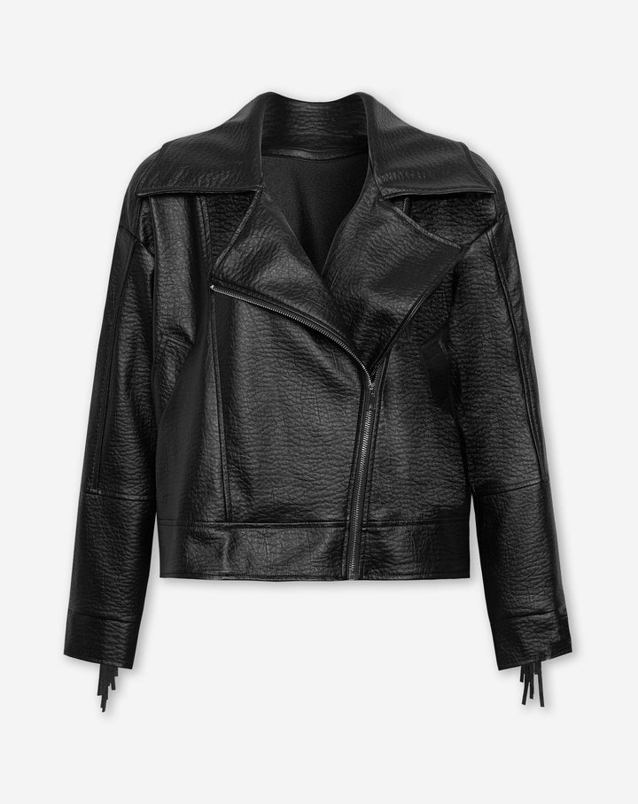 VESTE EN FRANGE EN SIMILI CUIR NOIRE