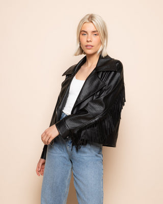VESTE EN FRANGE EN SIMILI CUIR NOIRE