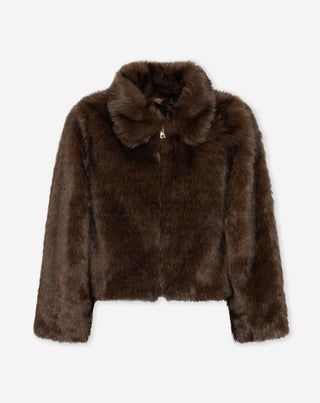 MANTEAU COURT EN FAUSSE FOURRURE MARRON FONCÉ