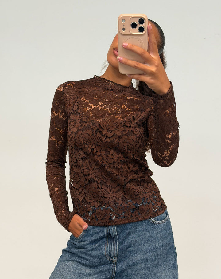 HAUT EN DENTELLE FLEURI BRUN
